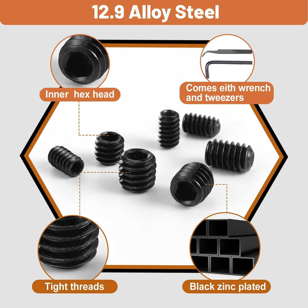 Black zinc-plated inner hex head set screws, alloy steel threads shown close-up
