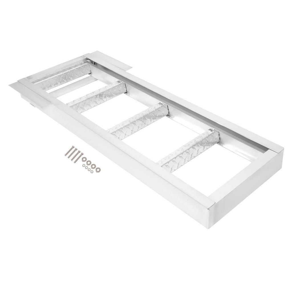 Aluminum under-deck boat ladder laid out with steps and included hardware