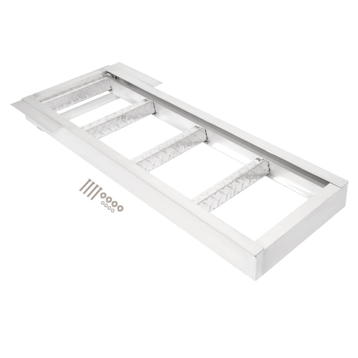 Aluminum under-deck boat ladder laid out with steps and included hardware