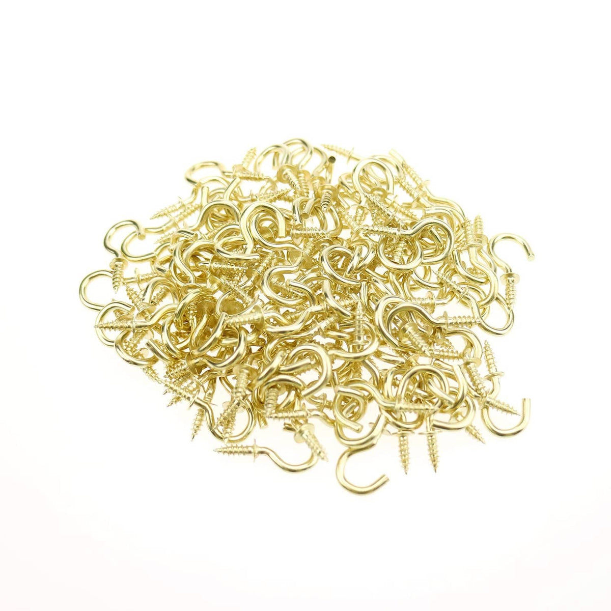 Gold mini ceiling screw hooks, curved cup hooks piled together