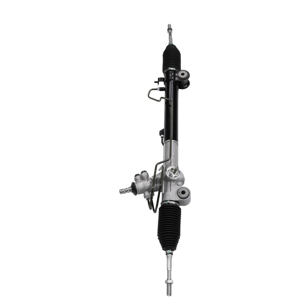 Power steering rack and pinion assembly, vertical view with black boots and mounting points