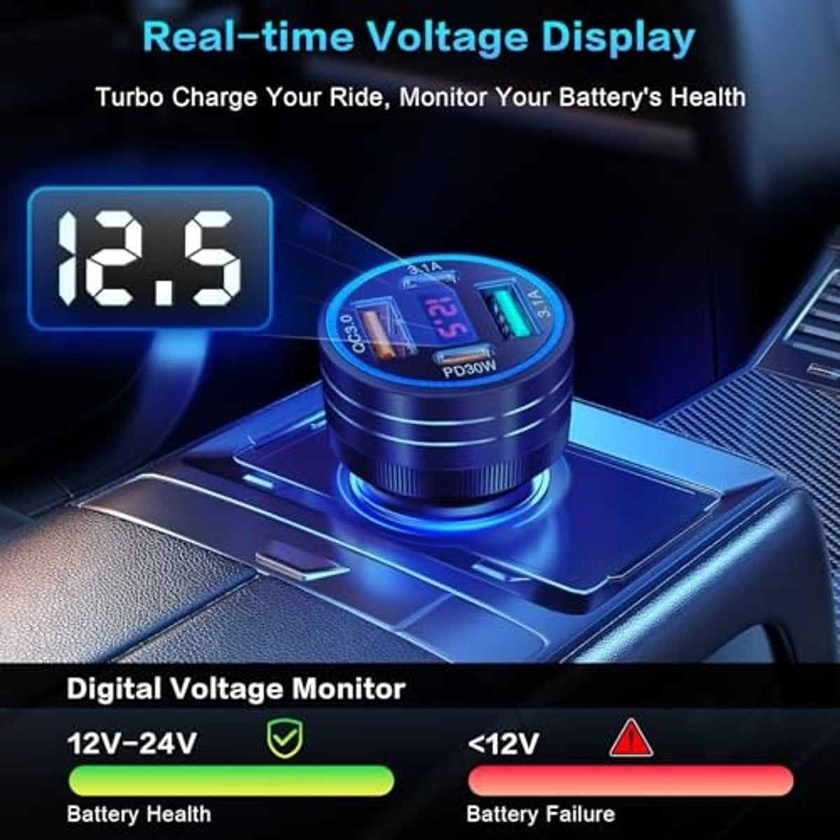 Black car USB-C charger showing blue LED voltage readout with side charging ports