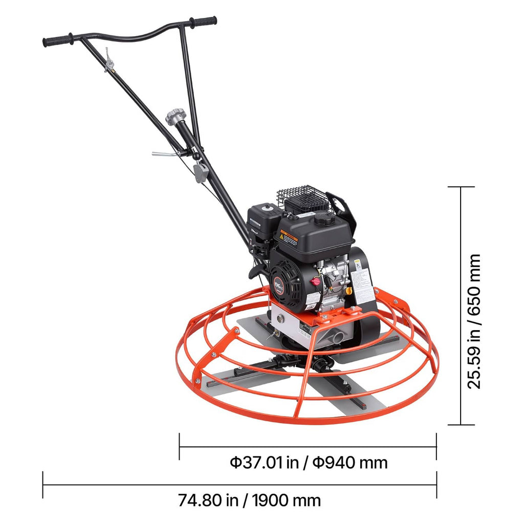 Gas-powered concrete power trowel standing view with orange float guard and handle