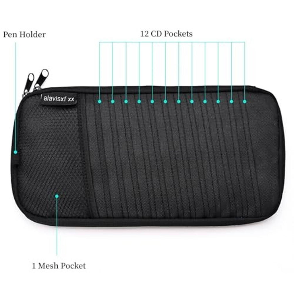 Black CD visor organizer with mesh pocket, 12 sleeve rows, and zippered front pouch