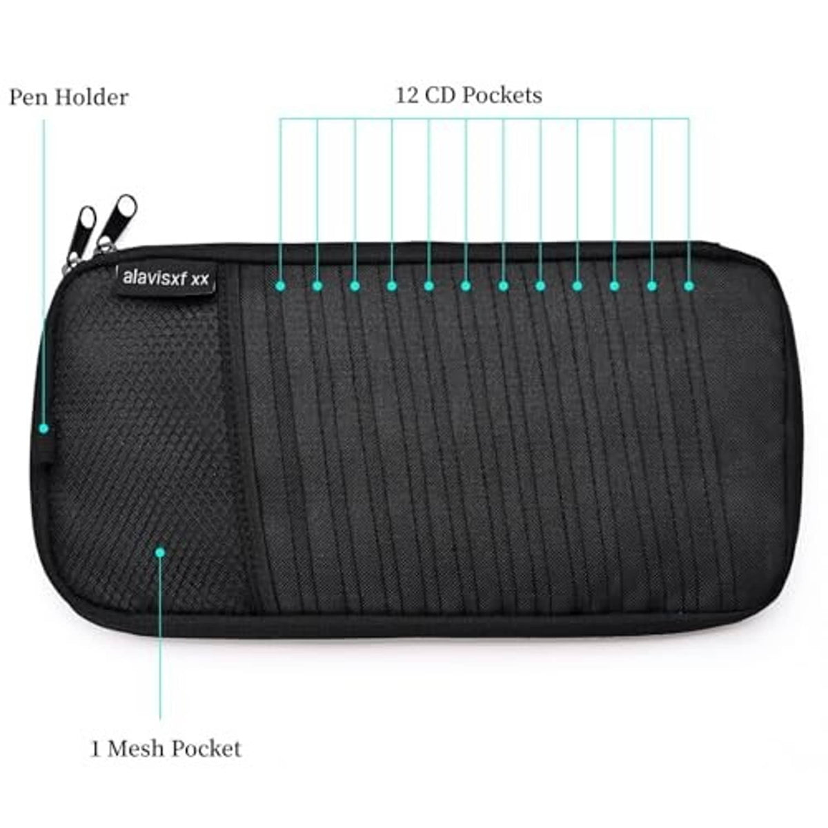 Black CD visor organizer with mesh pocket, 12 sleeve rows, and zippered front pouch