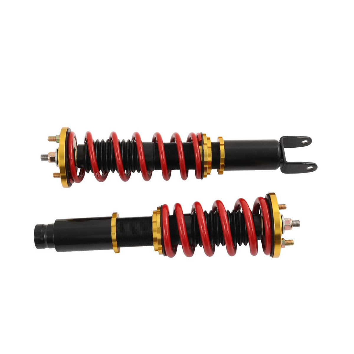 Pair of adjustable coilover struts with black bodies, red springs, and gold threaded tops.