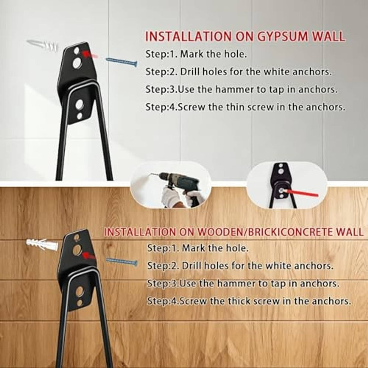 Installation guide for black garage hooks with drilling and screw fastening steps
