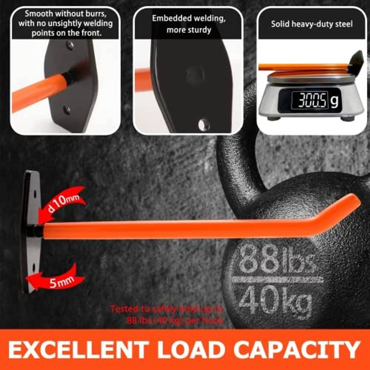 Orange curved steel hook arm with black bracket and two mounting holes