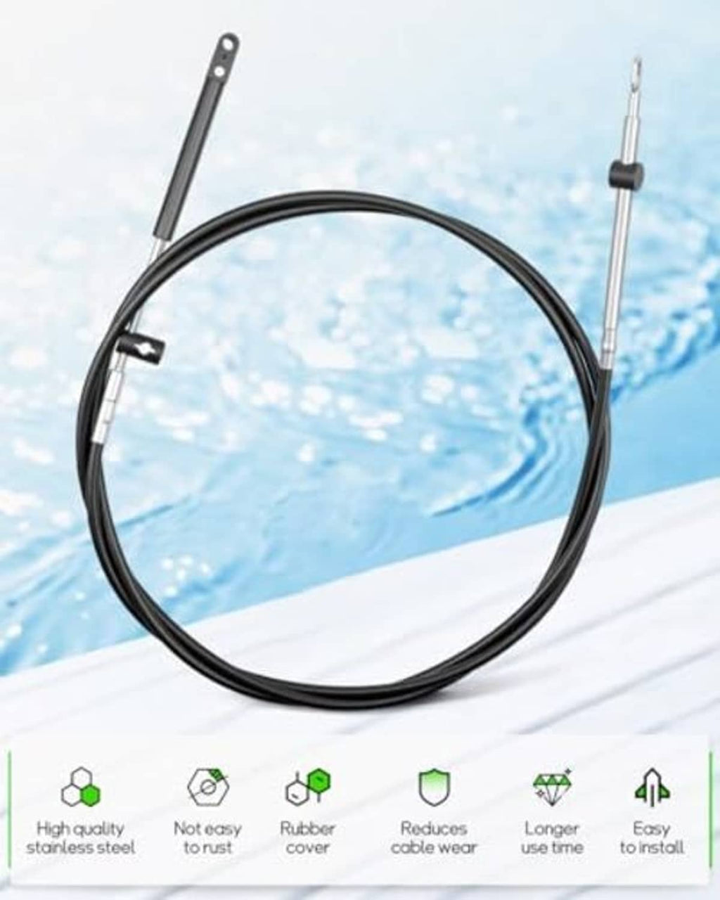 Outboard control cable with black rubber cover, silver inner wire ends and bracket posts