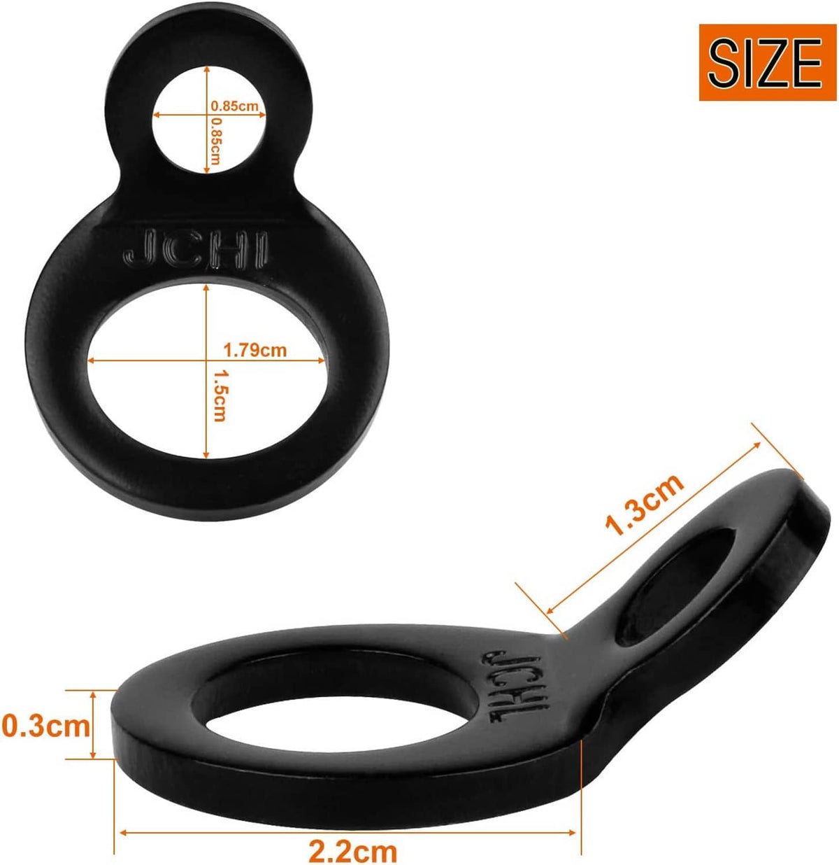 Black tie-down strap ring anchor with size measurement diagram