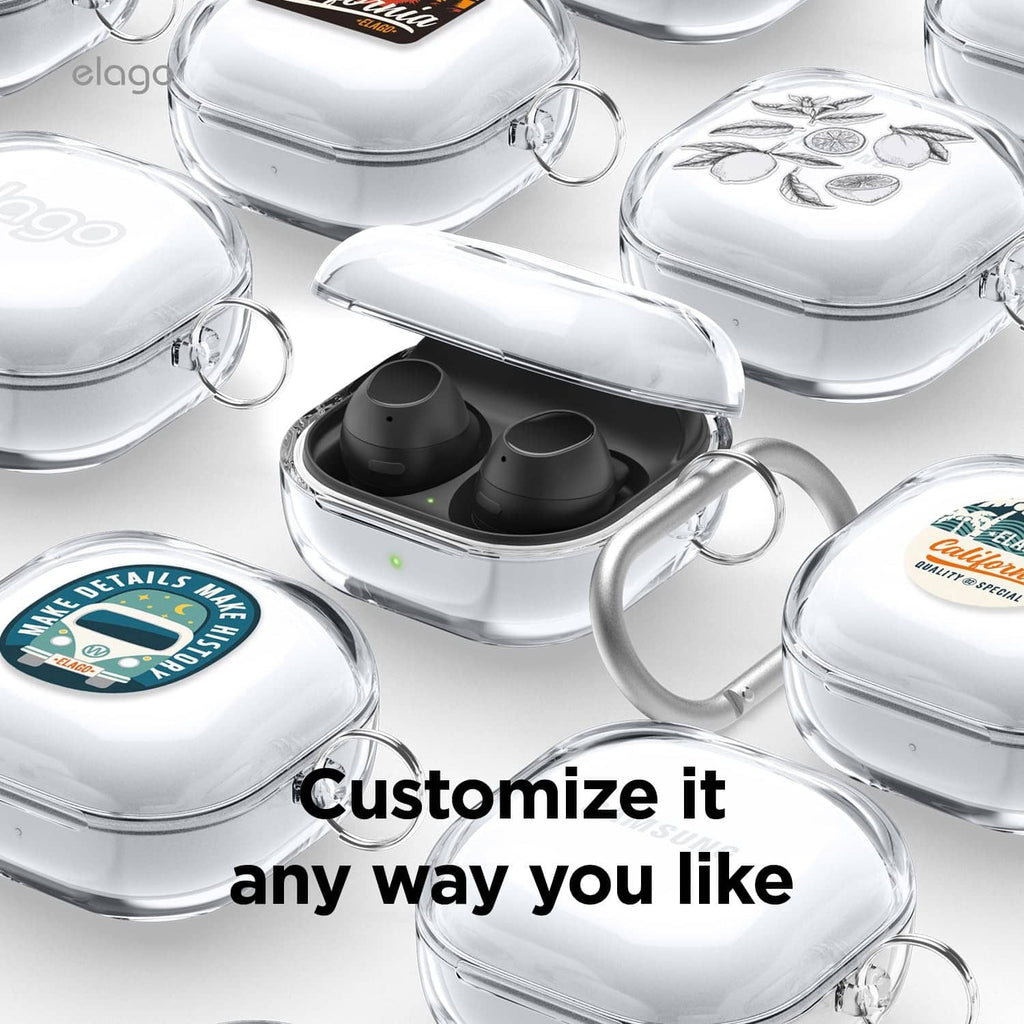 Multiple clear earbuds cases with keyring loops arranged together