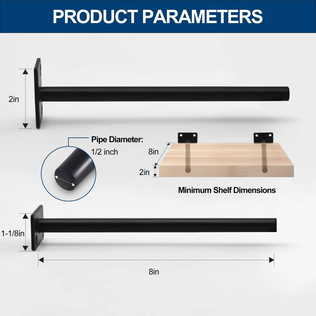 Black shelf bracket dimensions diagram: 8in bar, 2in height, 1/2in pipe