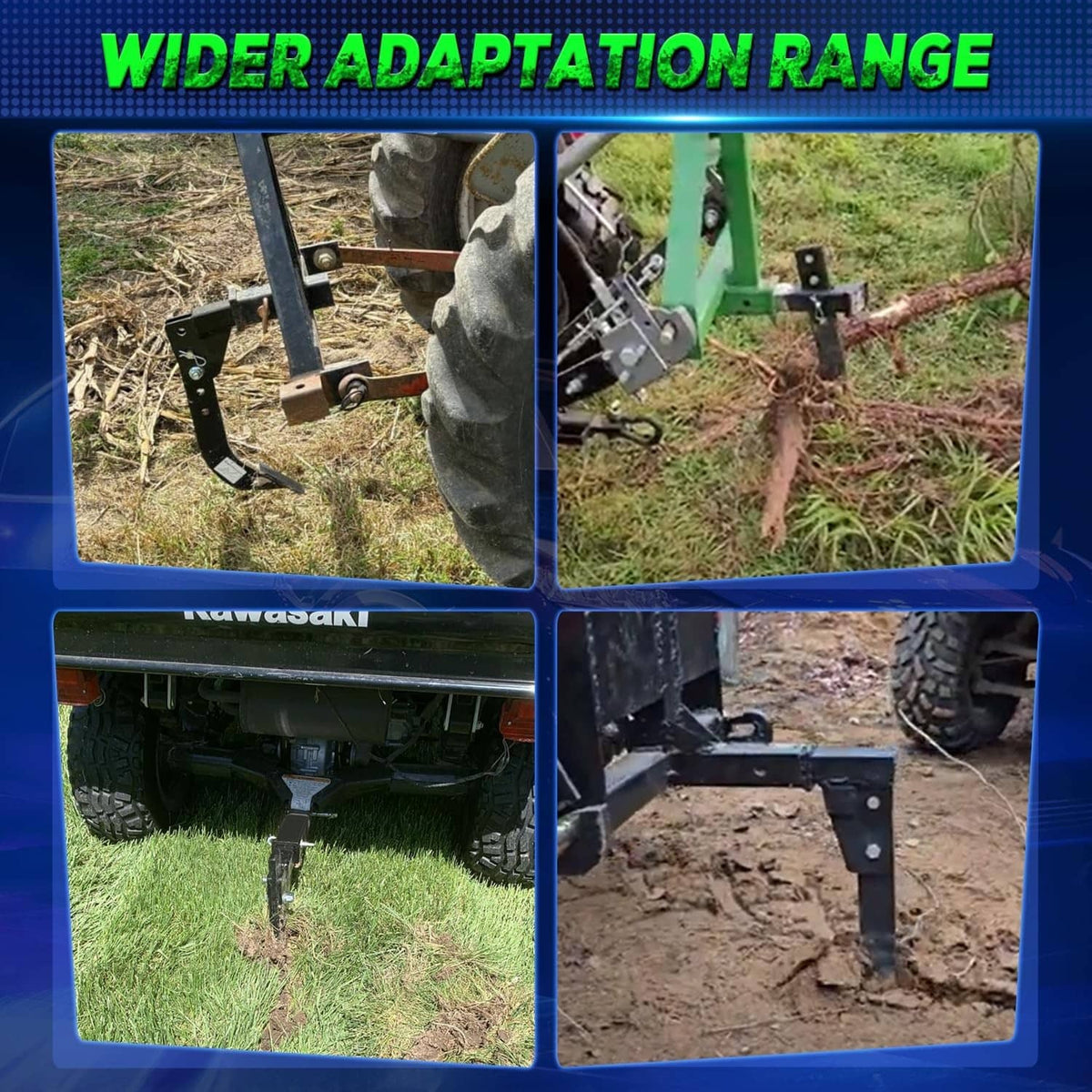 Hitch-mounted trencher ripper attachment with curved arms and spike ends, black
