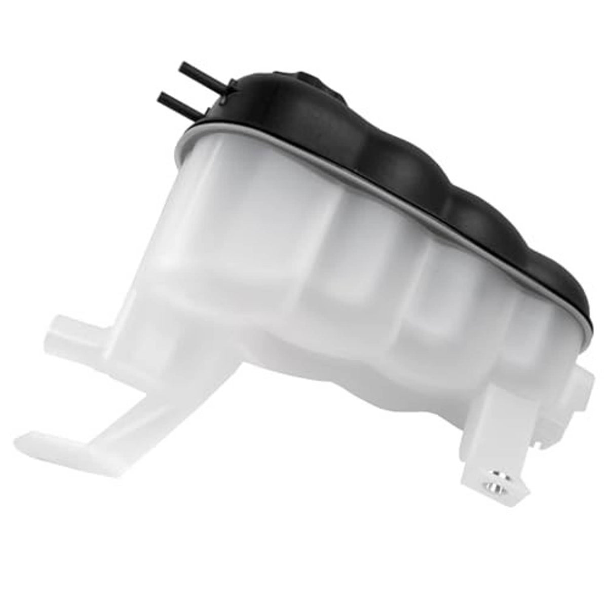 Coolant reservoir tank with black cap and white plastic body, side view