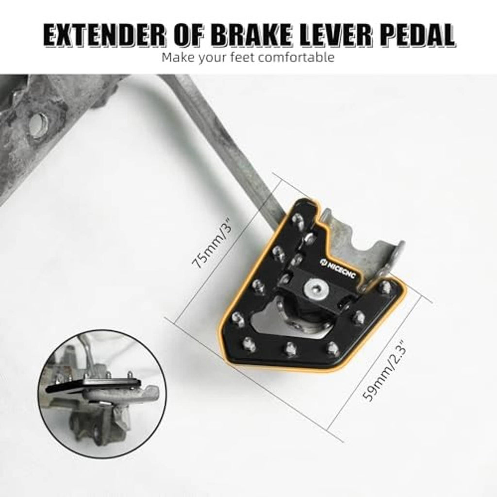 Black brake lever pedal extender for foot comfort, shown with size markings.