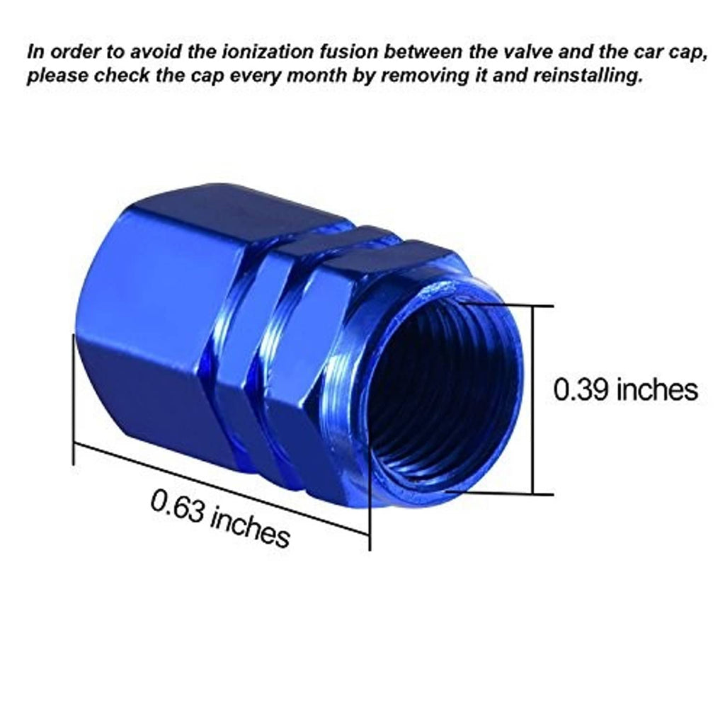 Blue hex aluminum tire valve stem cap with threaded opening, size marked