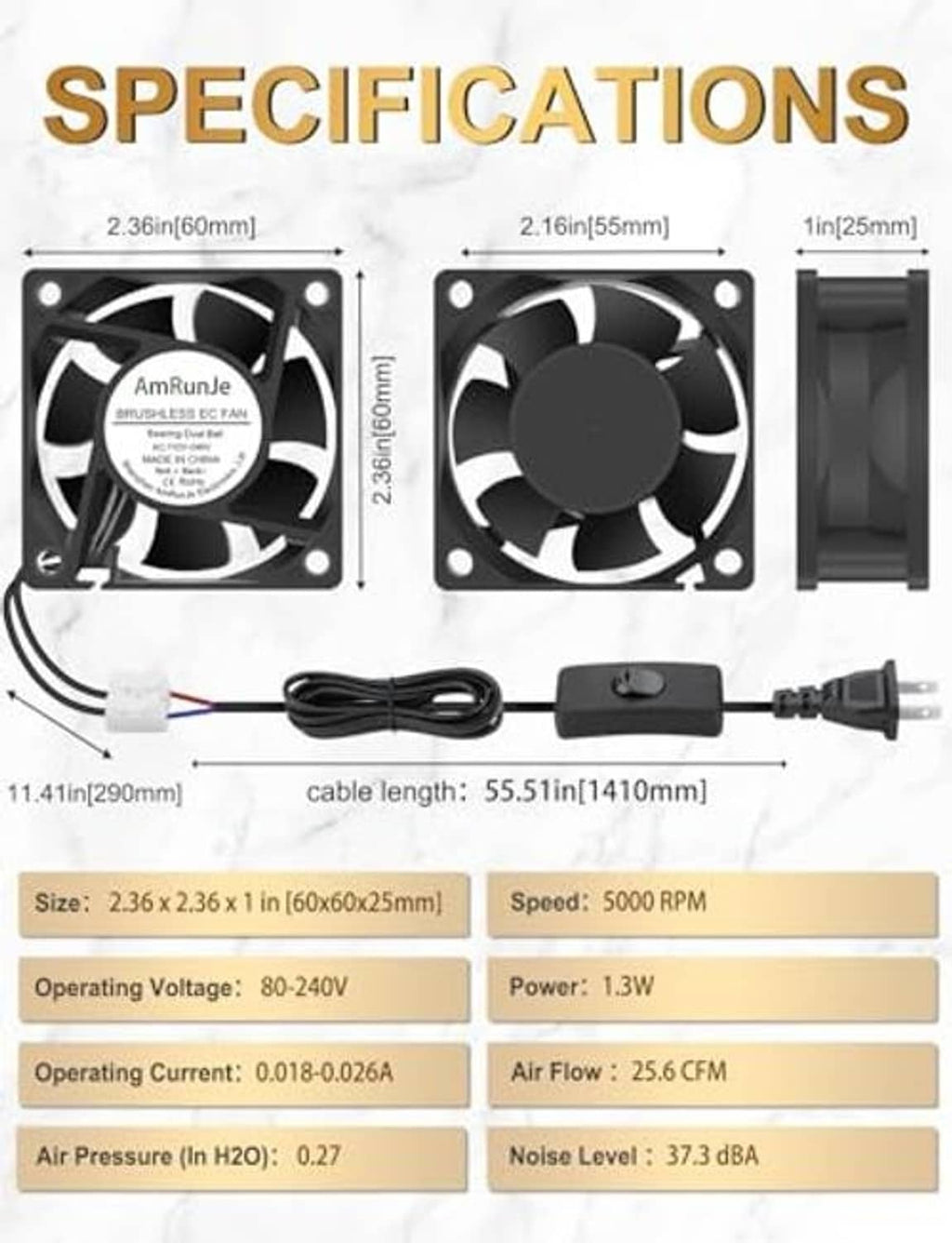 DC cooling fan dimensions and wiring specification chart with black fan drawings