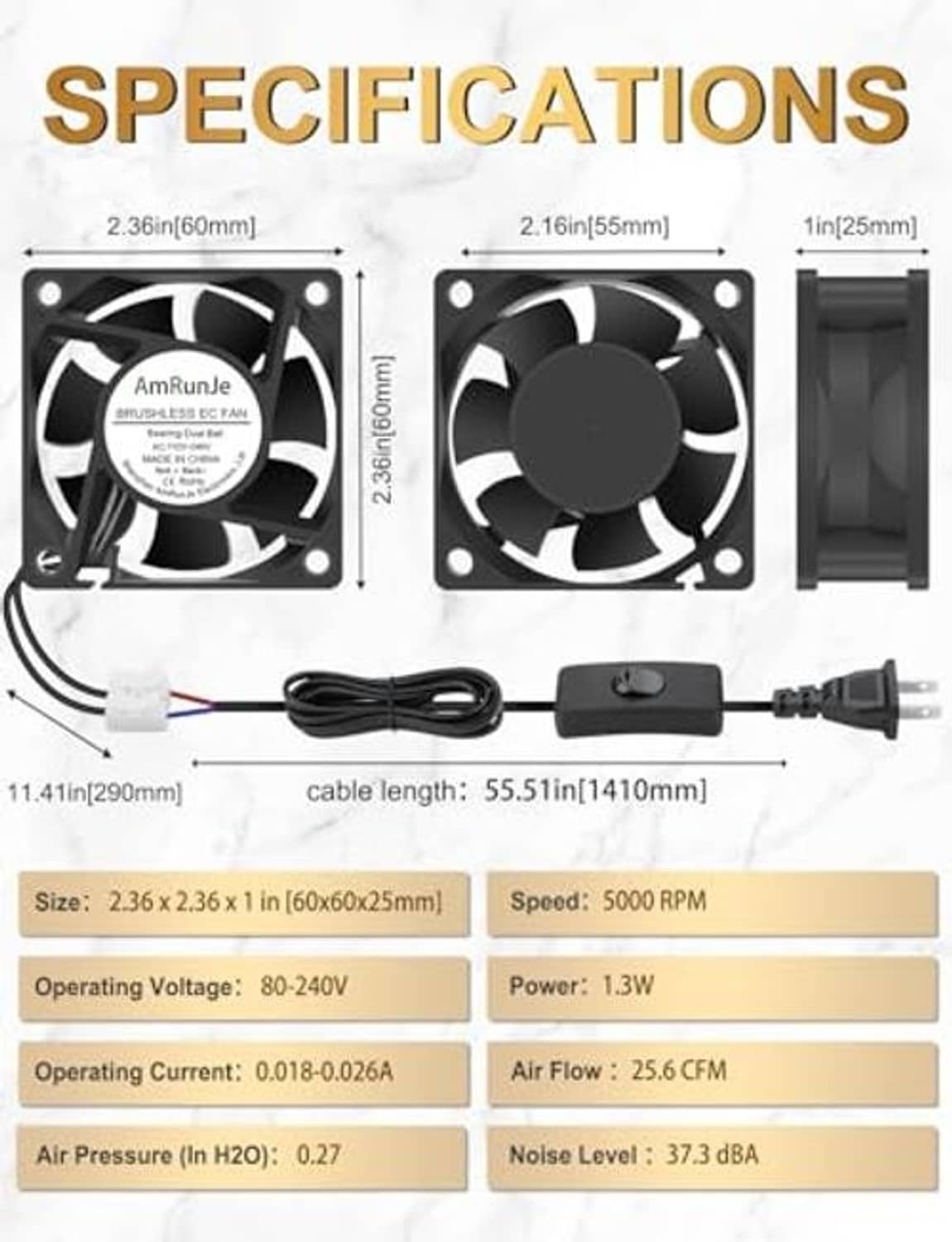 DC cooling fan dimensions and wiring specification chart with black fan drawings