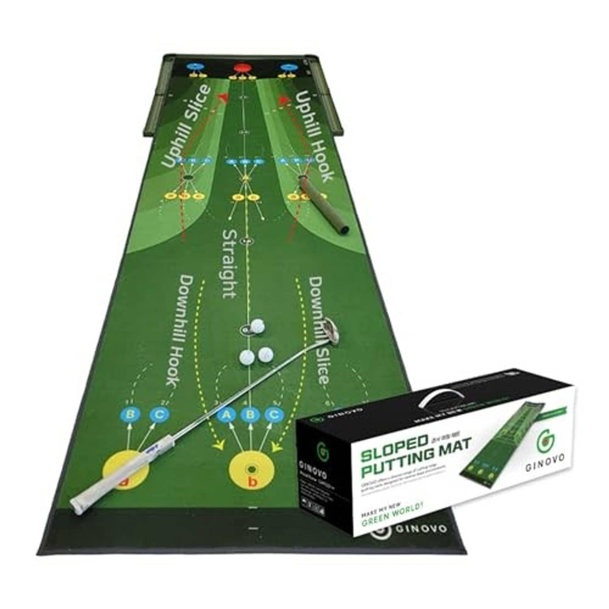 Sloped putting mat with training lines, putter, and product box on green turf