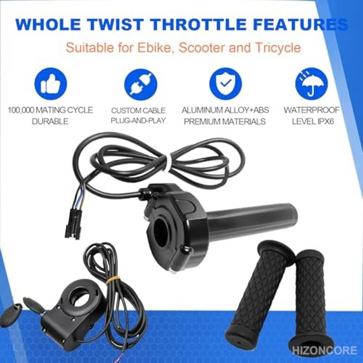 Black twist throttle kit with key ignition, textured grips and plug-and-play cable