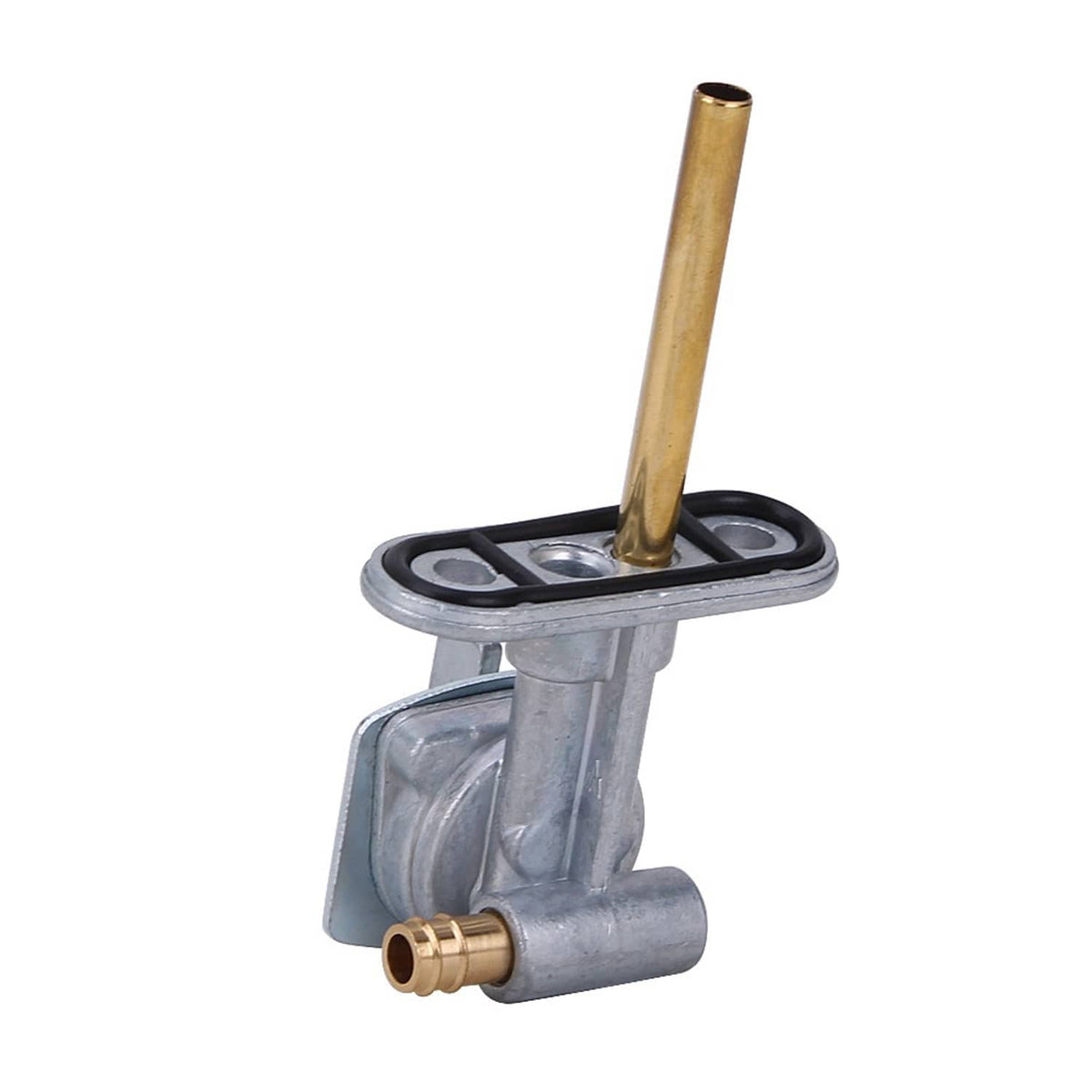 Fuel petcock valve switch assembly with brass center stem, black gasket, silver housing