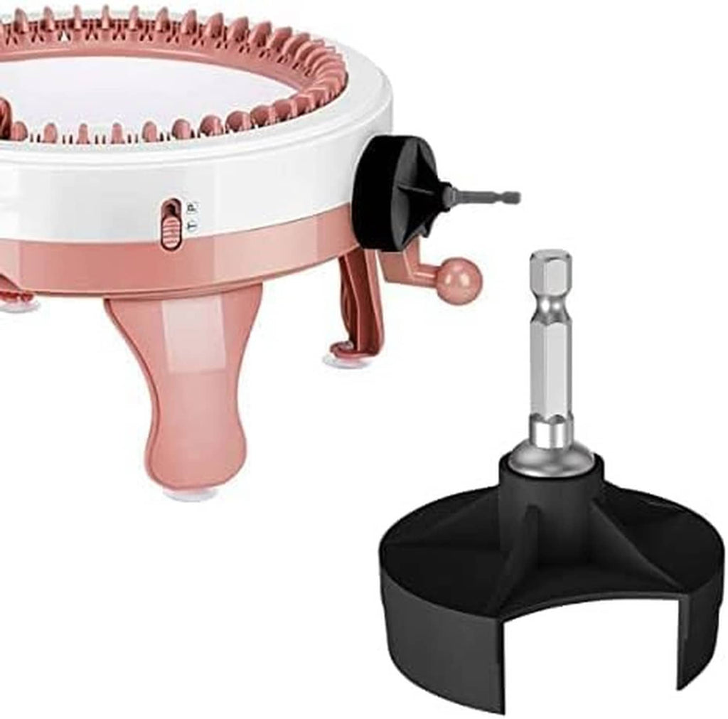 Knitting machine adapter attachment with black knob, pink handle, and metal hex bit