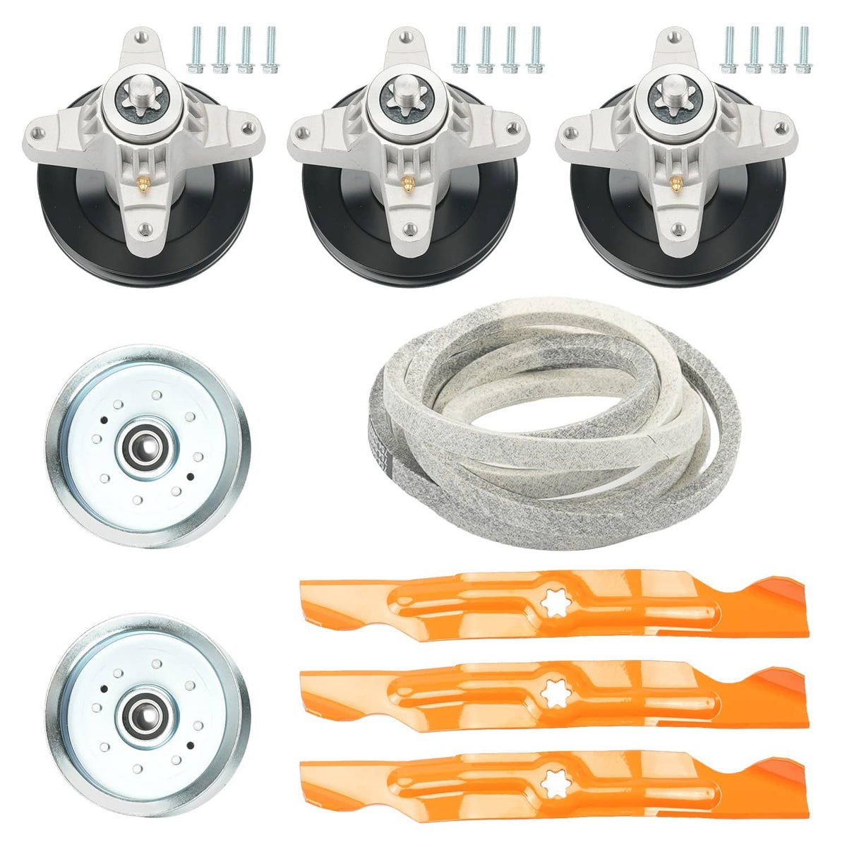 Pulley and belt rebuild kit with multiple pulleys, belt, and orange blades