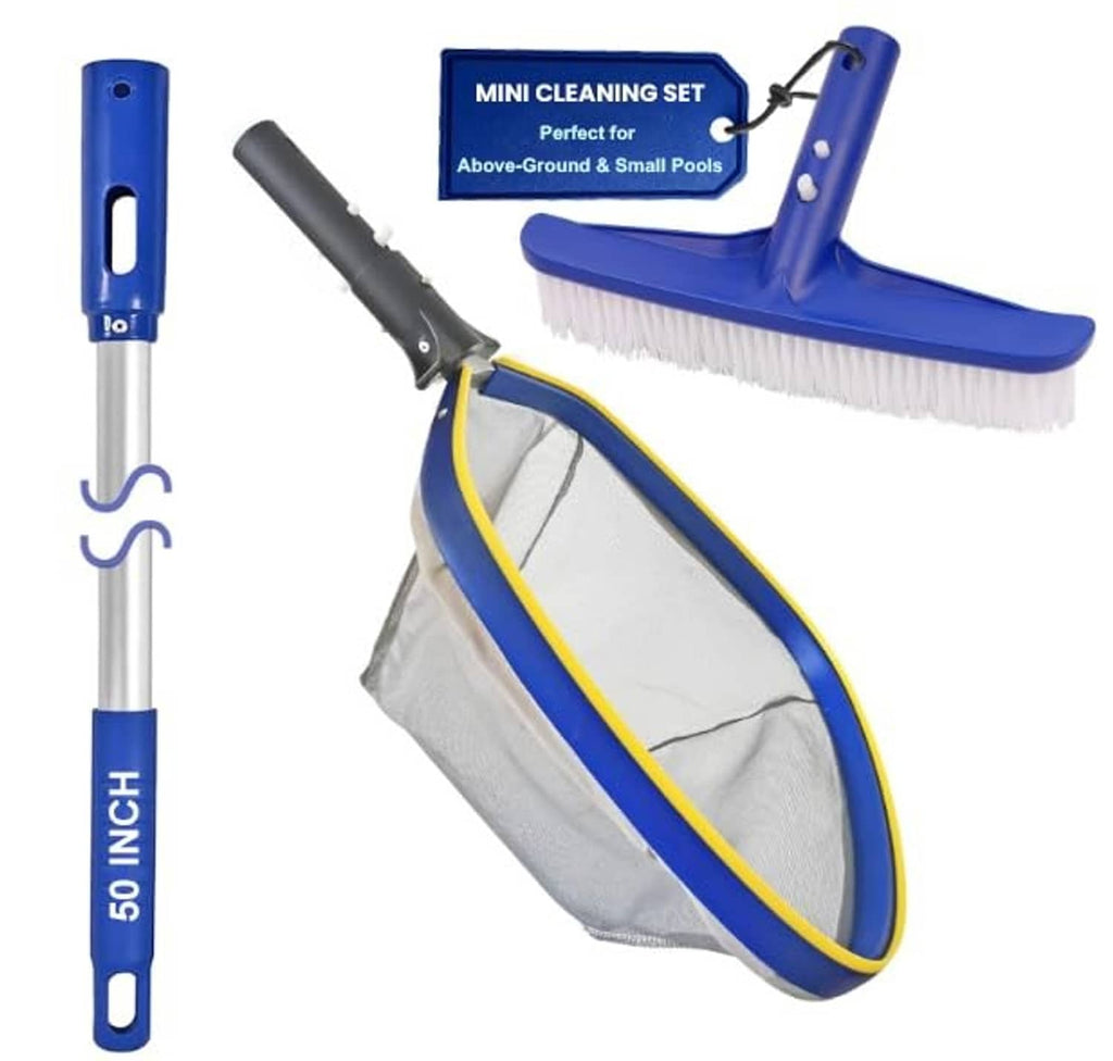 Swimming pool cleaning kit with blue brush, mesh leaf bag, and telescopic pole