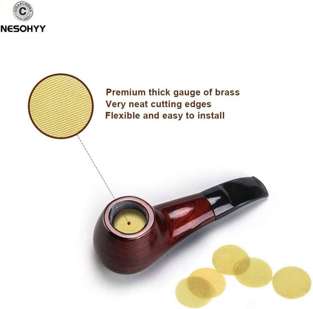 Tobacco pipe with brass bowl screen and loose gold mesh discs