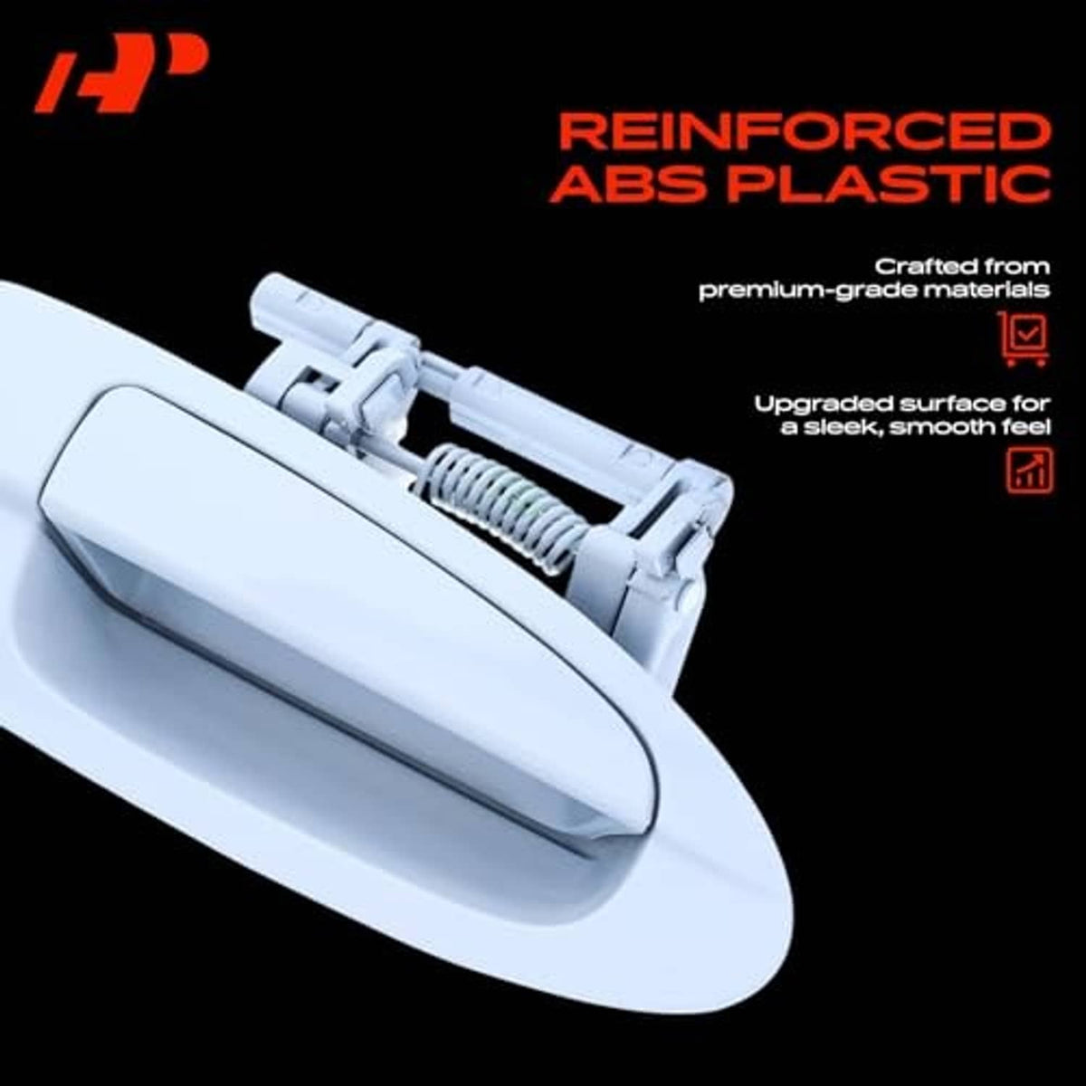 Painted exterior door handle with smooth outer surface and visible spring mechanism