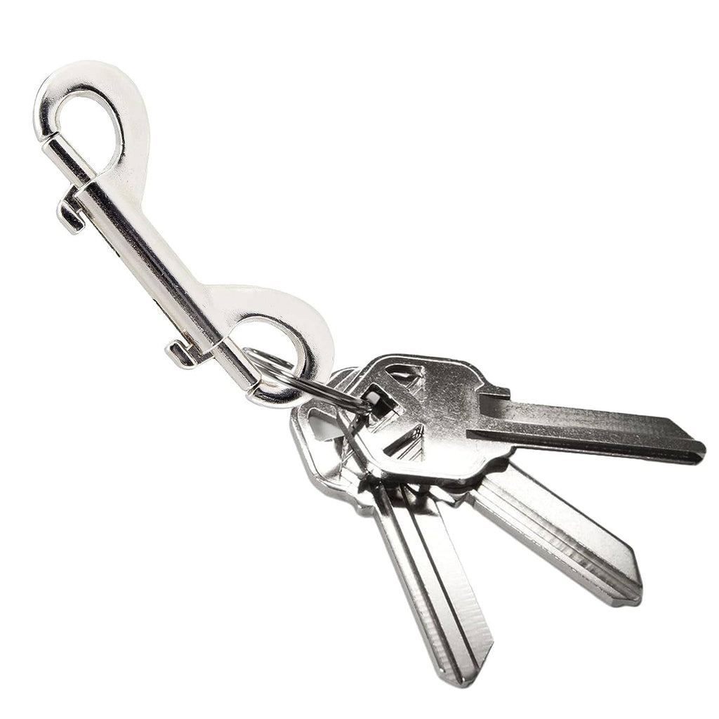 Silver double-ended bolt snap hook with release latch and two attachment loops