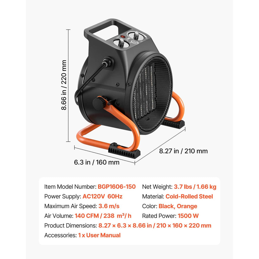 Electric greenhouse heater with top controls, front grill, orange handles, and measurements
