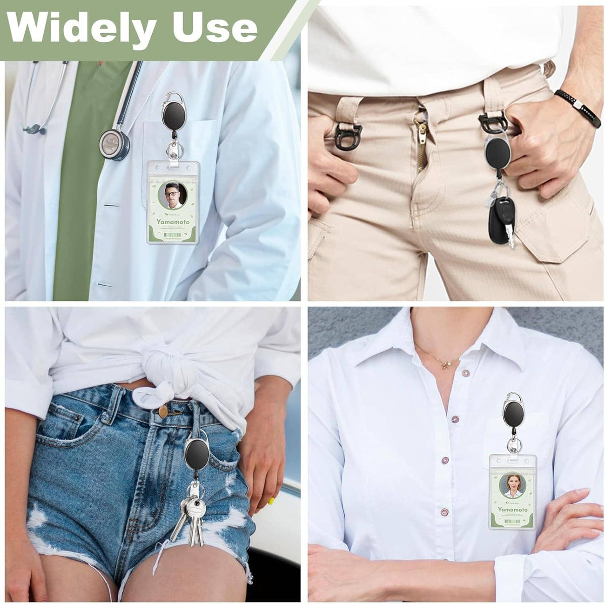 Retractable badge reel clips with clear ID holders worn on shirts and pants