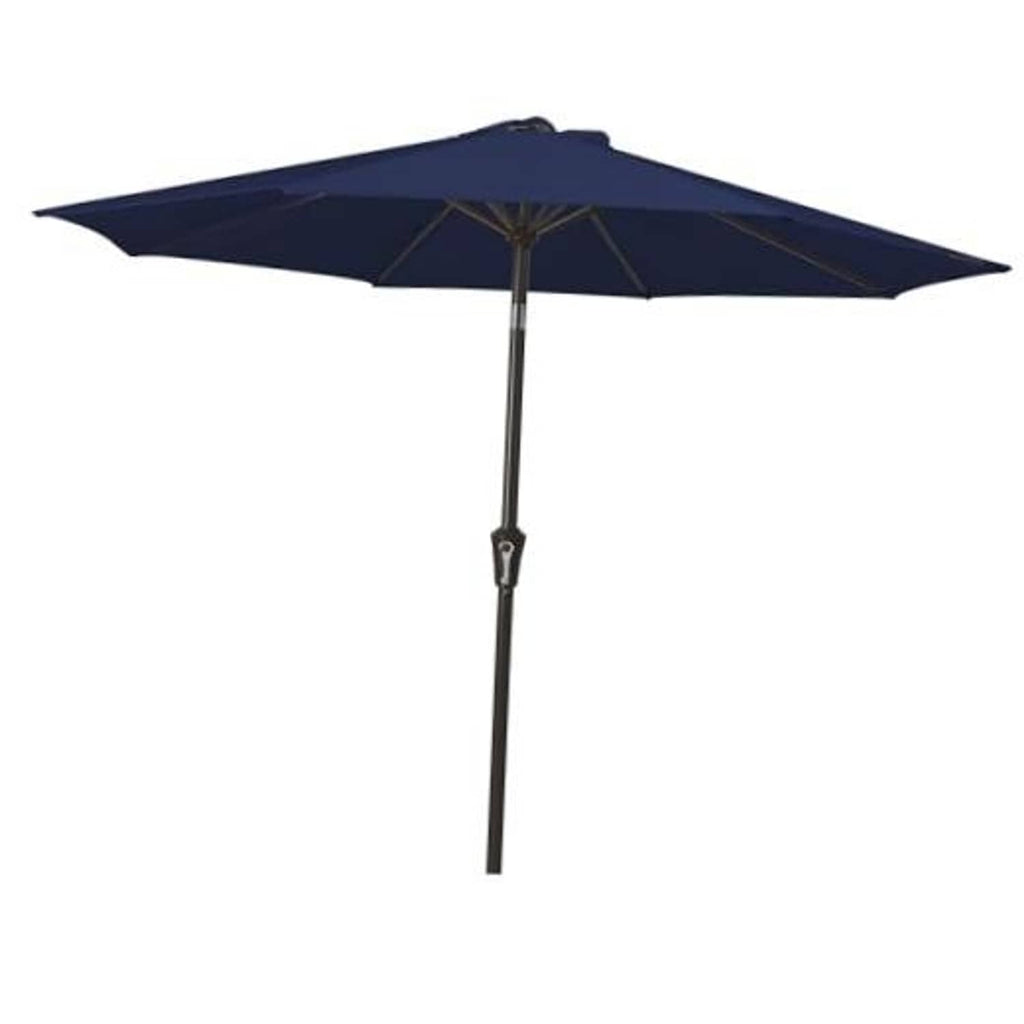 Navy patio umbrella with open canopy and push-button tilt, 9 ft pole