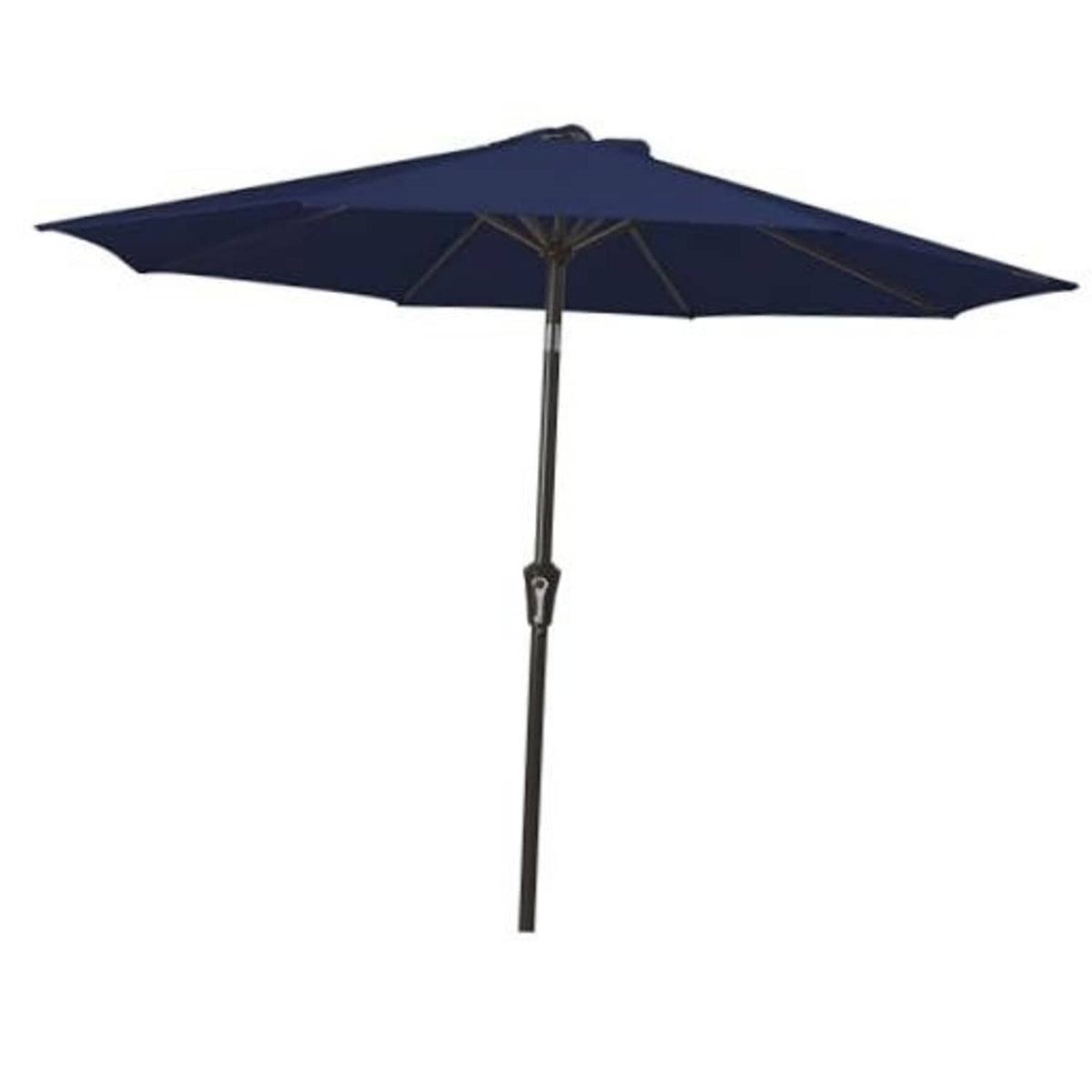 Navy patio umbrella with open canopy and push-button tilt, 9 ft pole
