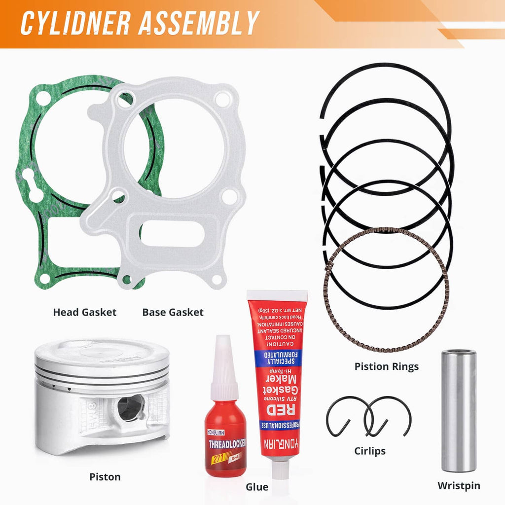 ATV cylinder top end rebuild kit: gaskets, piston, rings, circlips, wrist pin, glue