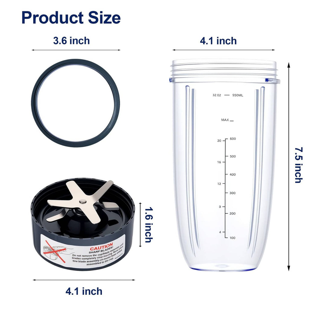 Blender set size diagram with gasket ring and 32 oz cup dimensions