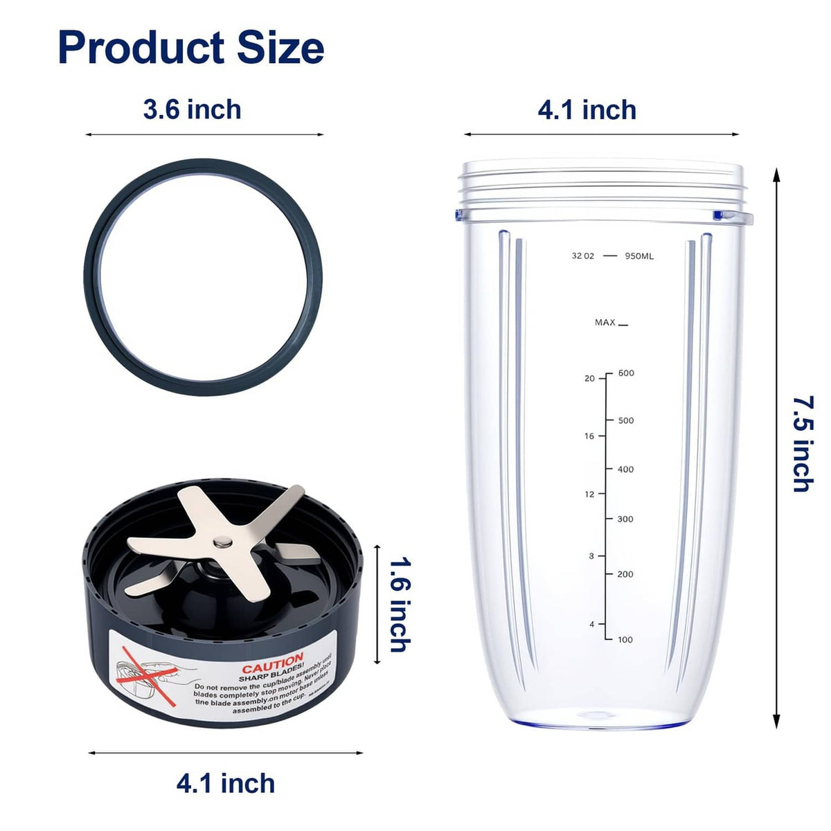 Blender set size diagram with gasket ring and 32 oz cup dimensions