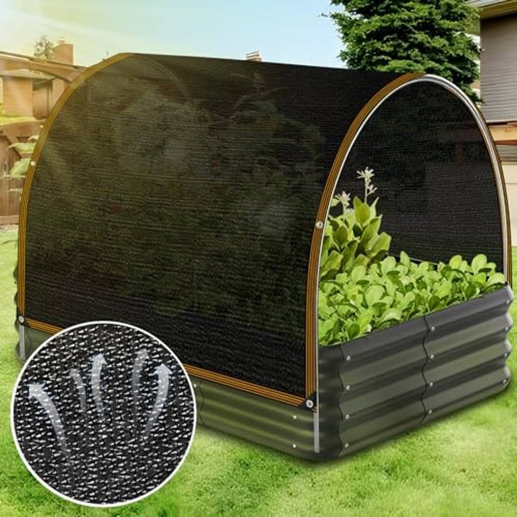 Black mesh shade tarp panel with grommeted edges on an outdoor frame, open front