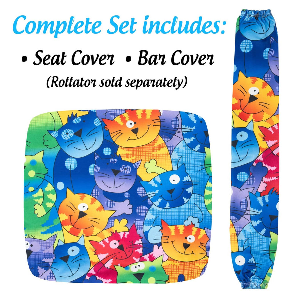 Universal rollator seat and bar cover set, blue cat print (covers only)