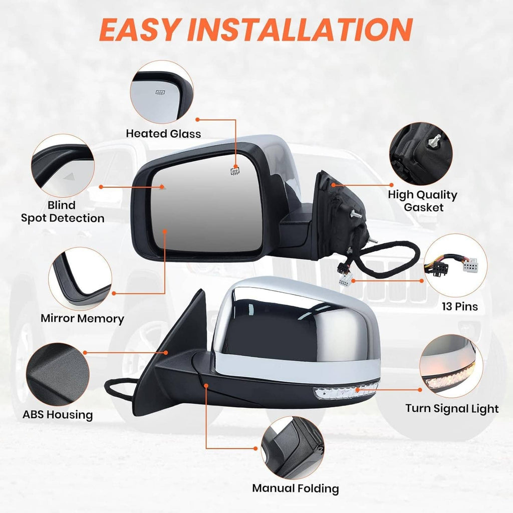 Manual folding driver-side mirror with blind spot indicator and heated glass