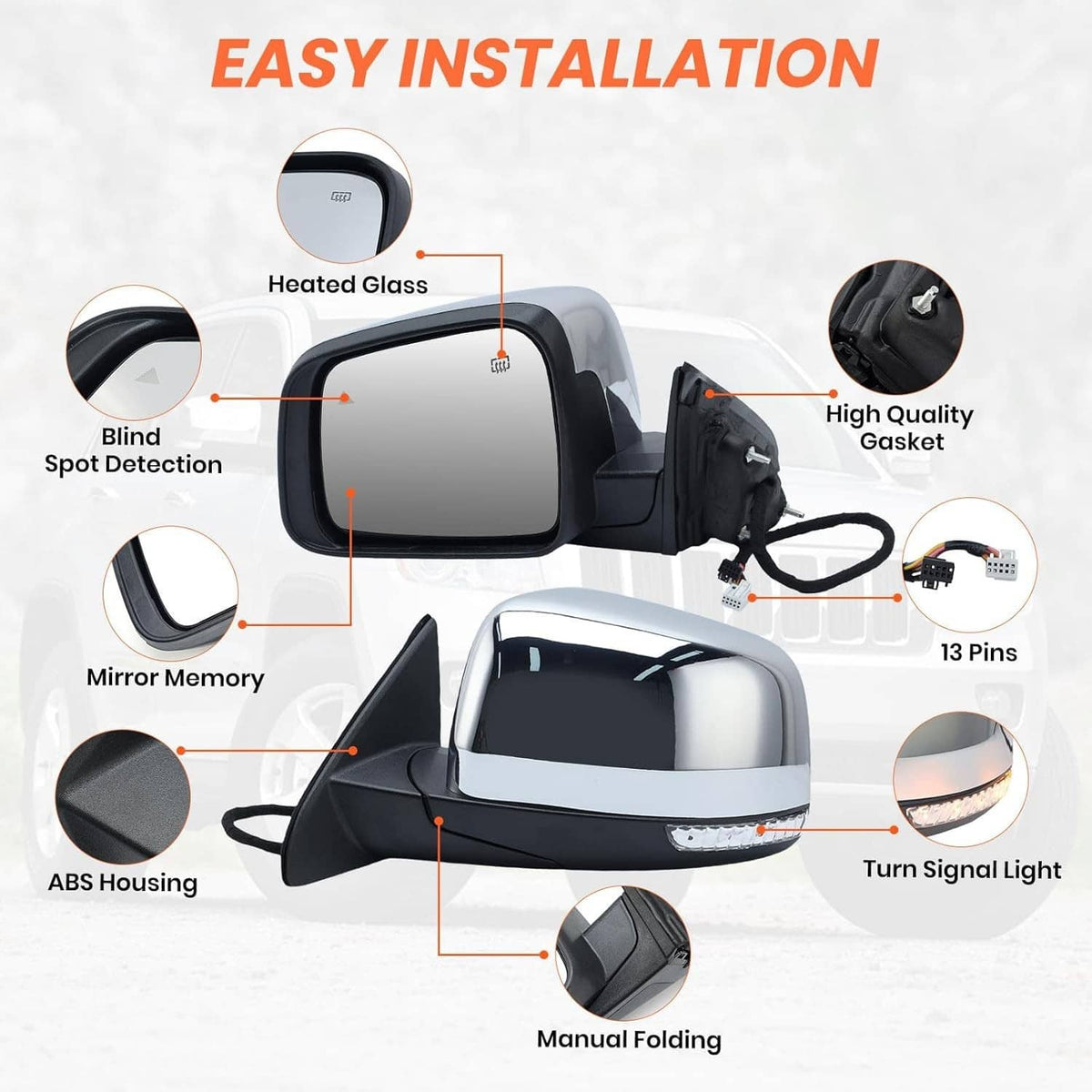 Manual folding driver-side mirror with blind spot indicator and heated glass