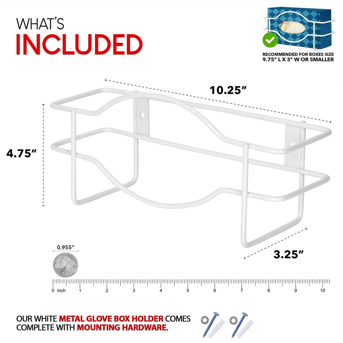 White metal glove box holder with mounting hardware, includes size measurements