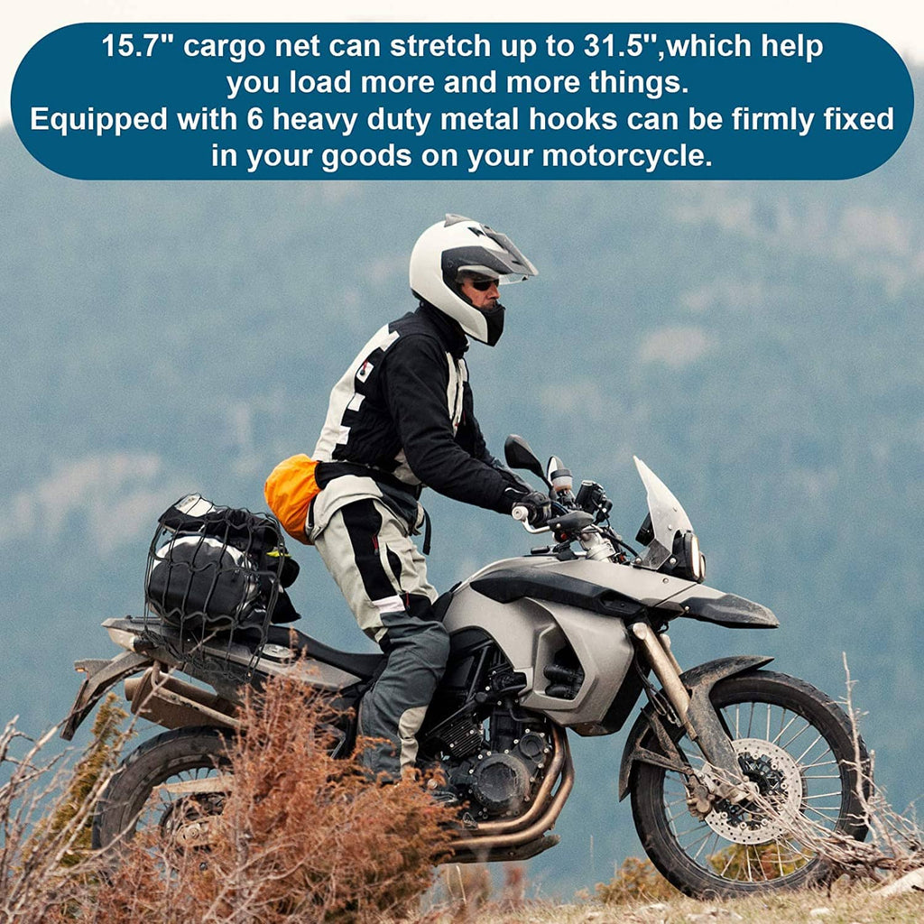 Black bungee cargo net secured on a motorcycle cargo area