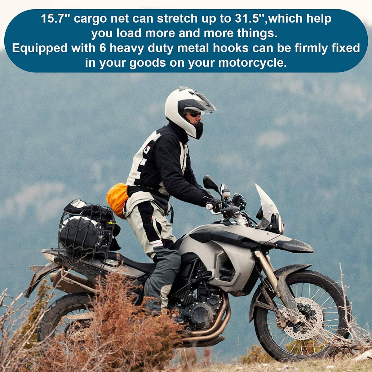 Black bungee cargo net secured on a motorcycle cargo area