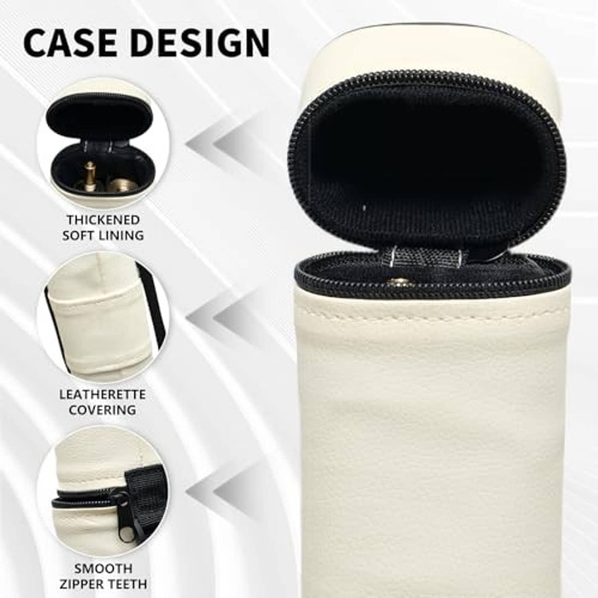 Cream cue case with rounded opening, black zipper and black interior lining