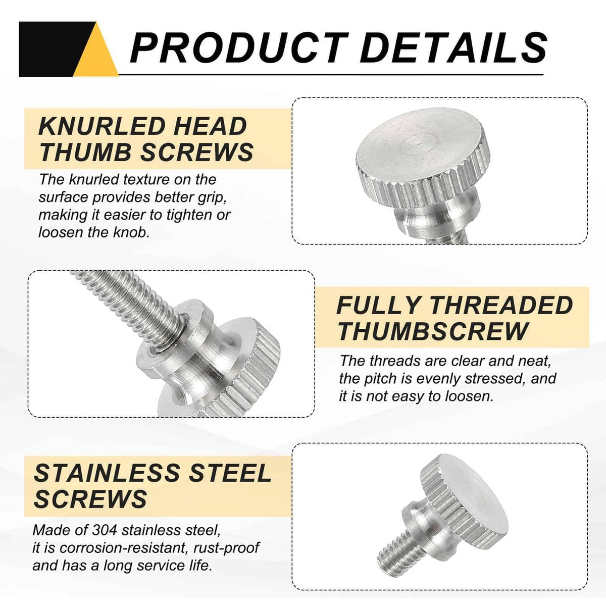 Knurled thumb screw head on fully threaded silver bolt