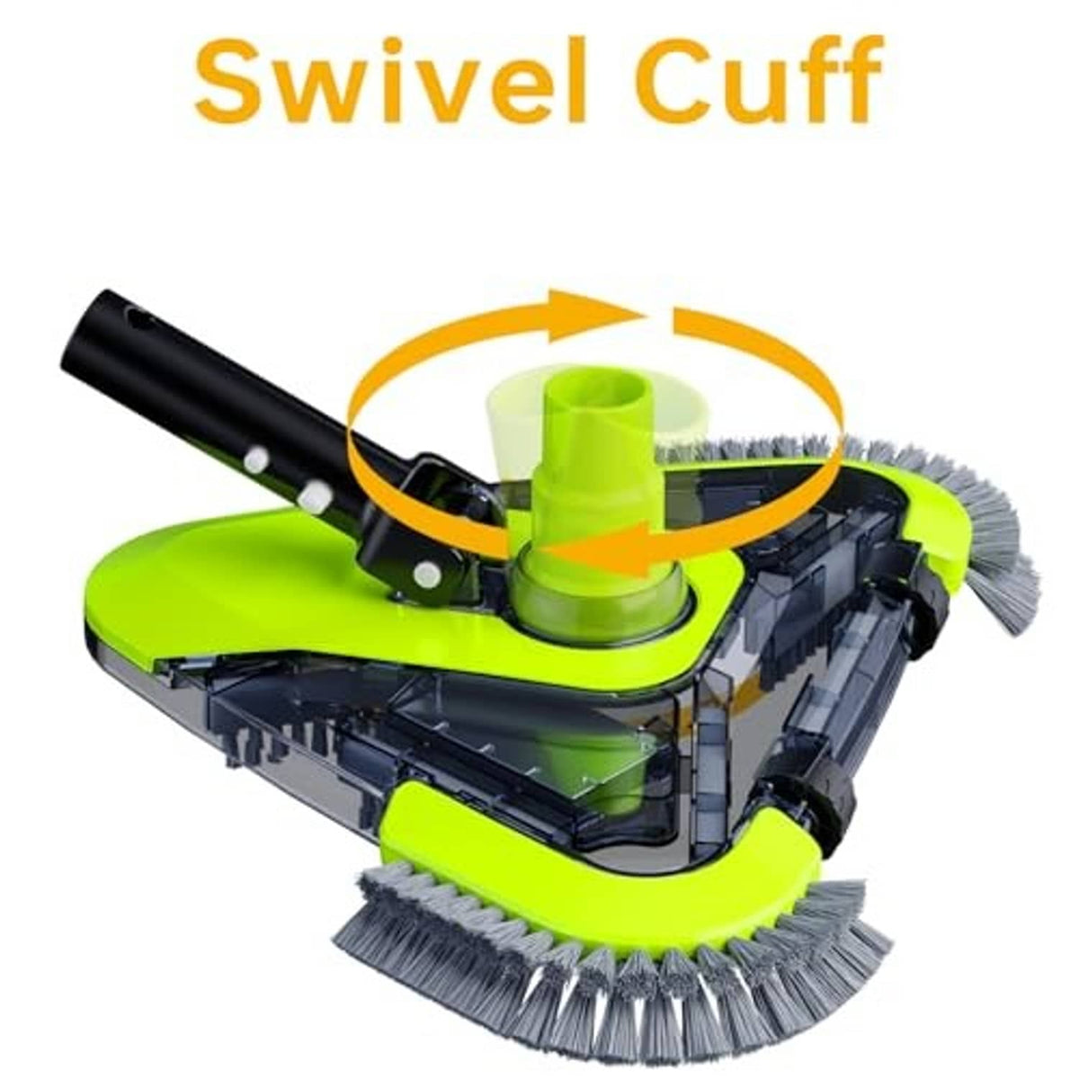 Pool vacuum head with swivel cuff, green housing, gray bristles, and side brush module.
