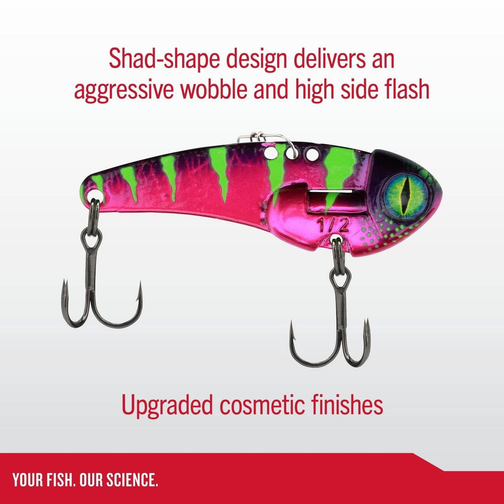Blade bait fishing lure, pink-purple finish with silver lip and treble hooks