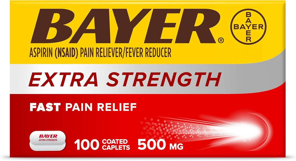 Bayer Extra Strength Aspirin 500 mg box, extra strength fast pain relief details